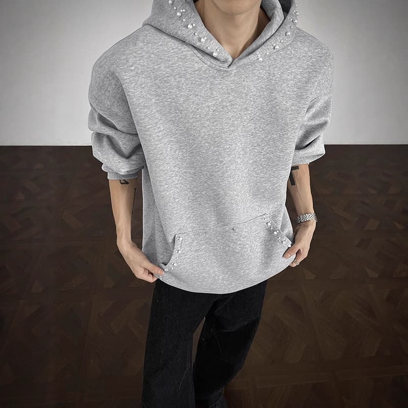 Chanel-Style Knitted Beaded Hooded Sweatshirt for Men, Winter 500g Heavyweight Regular Shoulder Jacket, Niche Design Top