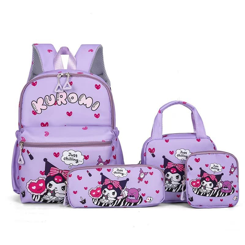 Sanrio Children's New Backpack Large Capacity Fully Printed Four-piece Set Kuromi Hello Kitty Elementary School Bag