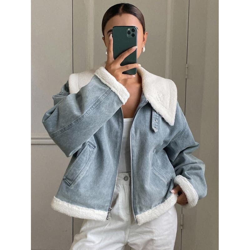 Amazon cross-border European goods autumn new denim lamb wool splicing loose lapel long-sleeved short cotton jacket