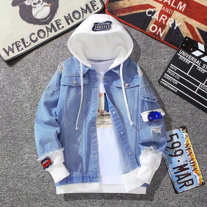 Spring and Autumn Patchwork Faux Two-Piece Denim Jacket, Korean Trendy Casual Versatile Loose Workwear Hooded Casual Jacket
