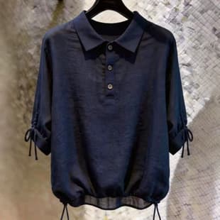 In Stock 2026 New Fashion Versatile Blue Polo Collar Women's Blouse Top