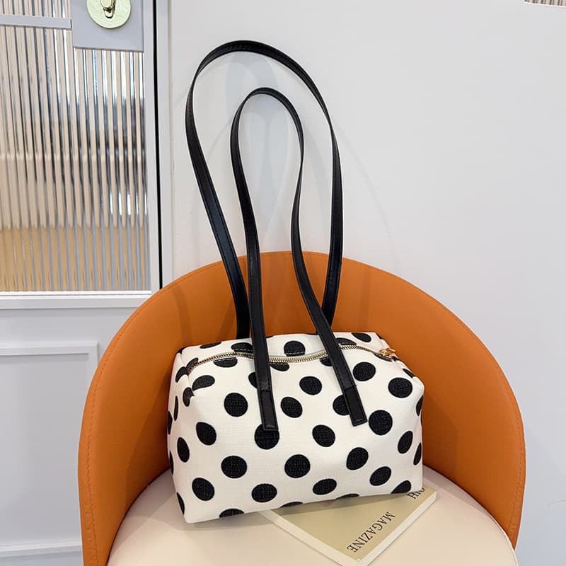 2026 New Black and White Large Polka Dot Canvas Mini Portable Boston Bag Retro Style Hand-carrying Armpit Small Bag for Women