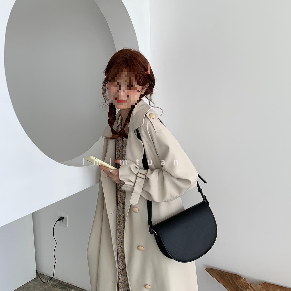 Apricot mid-length windbreaker autumn Korean version loose and tall long-sleeved temperament retro petite student jacket for women