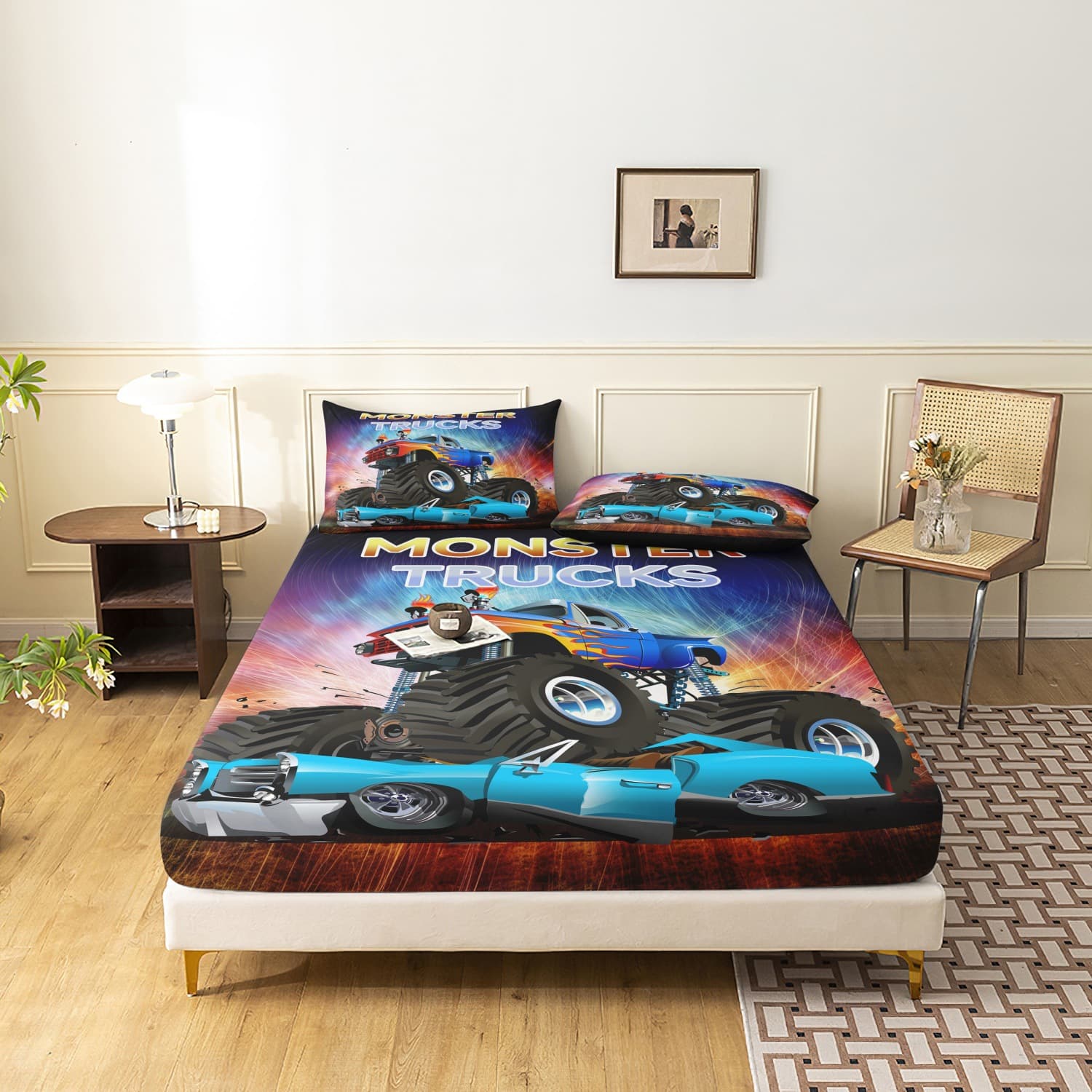 3D Cool Monster Truck Bed Sheet Set of Three Pieces, All-Inclusive Non-Slip Bed Cover and Pillowcase, Children's Export Supply