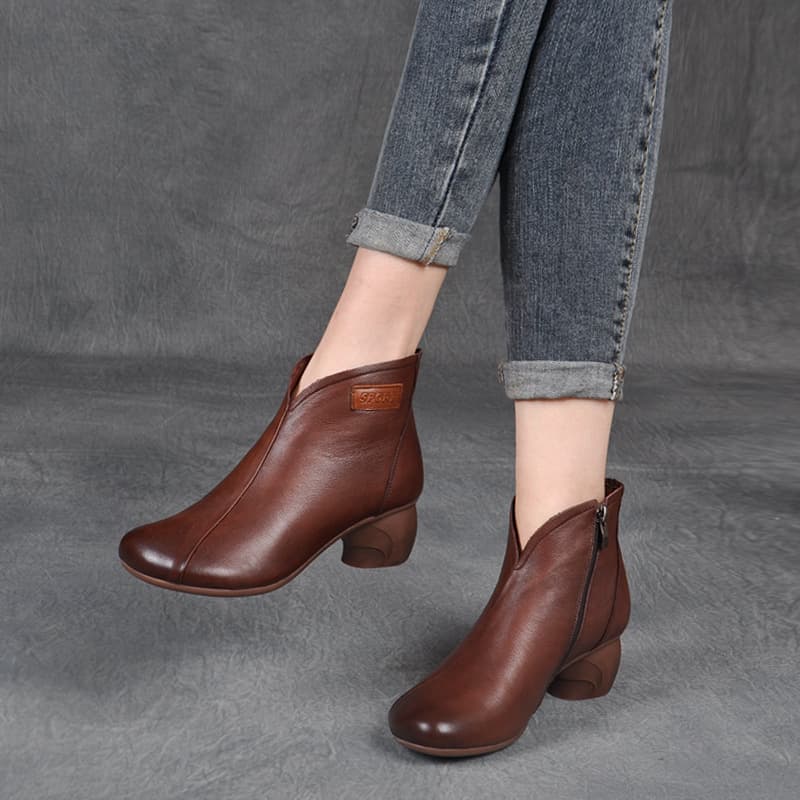Spring and Autumn Single Boots, Retro Women's Shoes, Thick Heel Side Zipper Short Boots, Genuine Leather Mom Shoes, Mid-Heel Martin Boots, Non-Slip Short Boots for Women