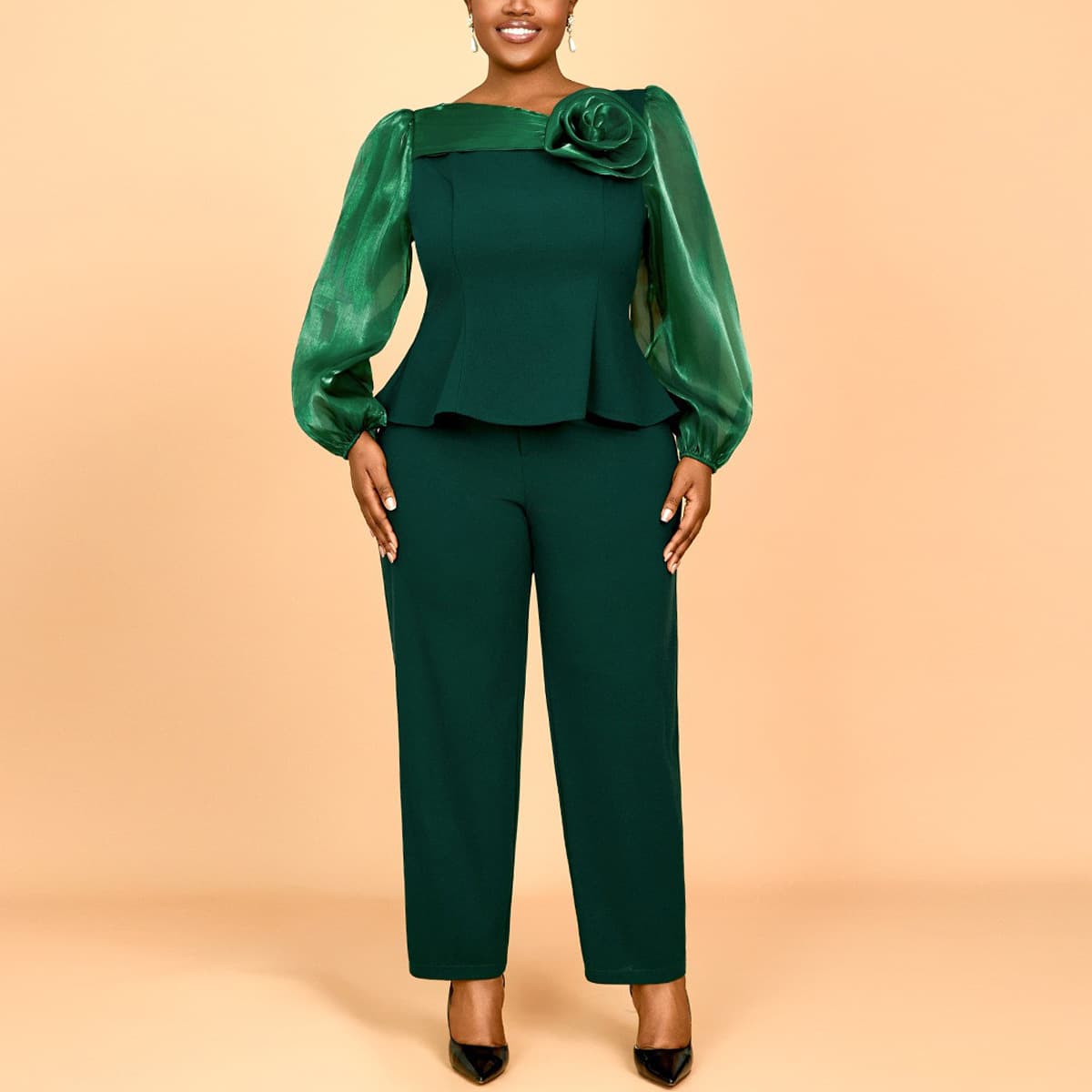 European and American Ruffle Slimming Top with Elegant Pants Plus Size Fashion Puff Sleeve Set Women Dress