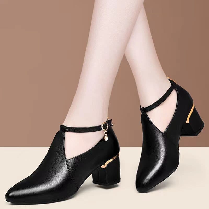 Women's Chunky Mid-Heel Shoes 2025 Autumn New Style Versatile High Heel Black Soft Leather Shoes Soft Sole Women's Shoes Mother Shoes