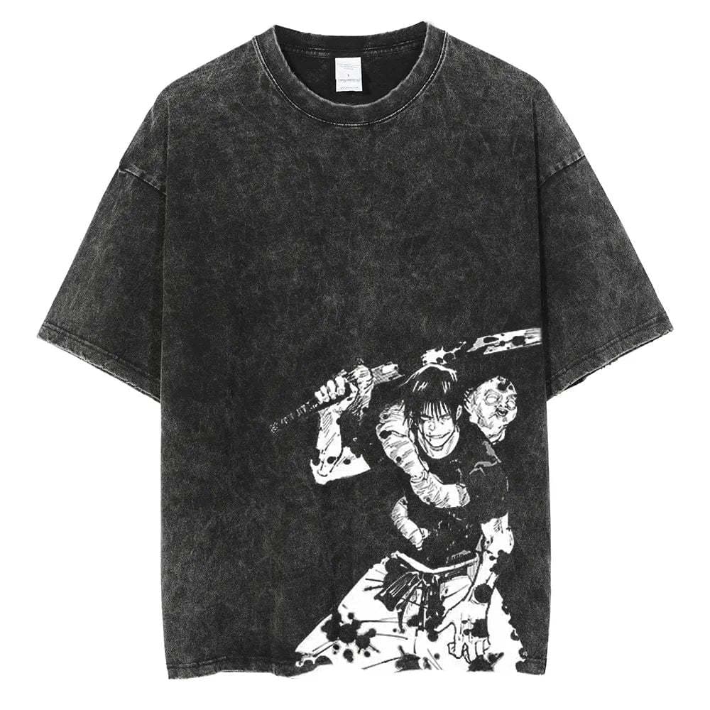 Hot Selling Jujutsu Kaisen Printed Washed 230g Large Size Pure Cotton Distressed Washed T-Shirt
