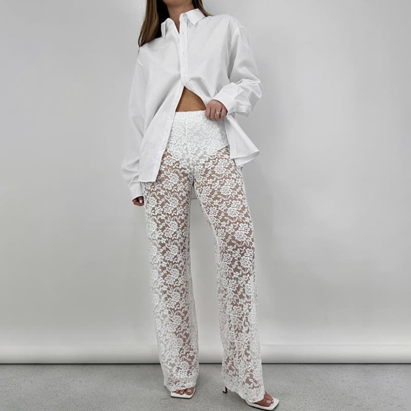 2026 Cross-Border Summer Sexy Versatile Lace See-Through High-Waisted Patchwork Long Straight-Leg Pants for Women in Stock
