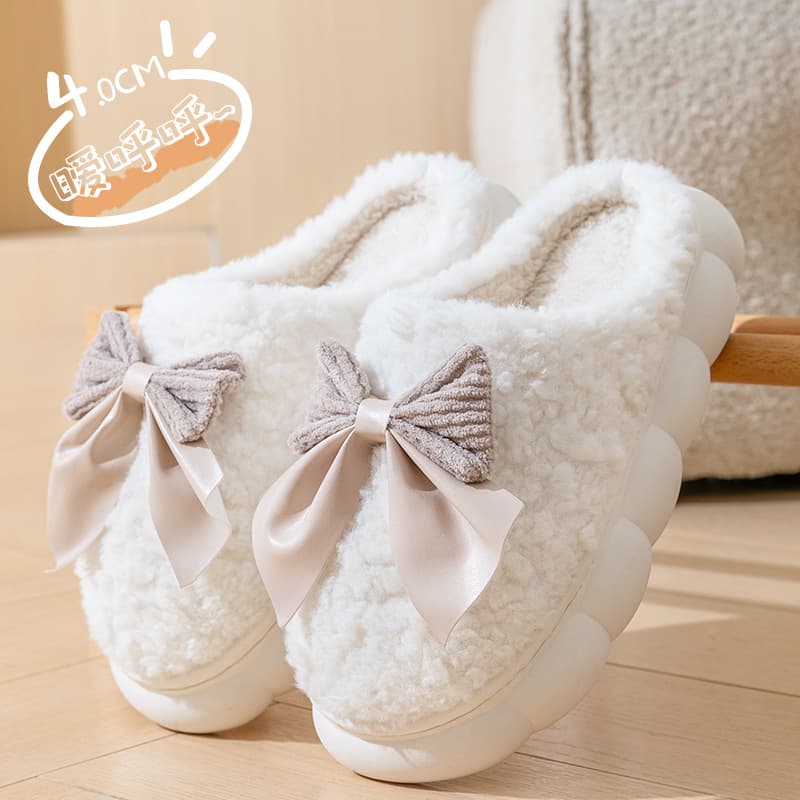 Winter Warm Cotton Slippers Women 2025 New Bow Platform Outdoor Plush Home Furry Cotton Slippers Women