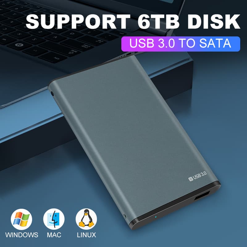 2.5-inch laptop external hard drive enclosure with USB 3.0 and SATA serial ports. Aluminum alloy construction for efficient heat dissipation.