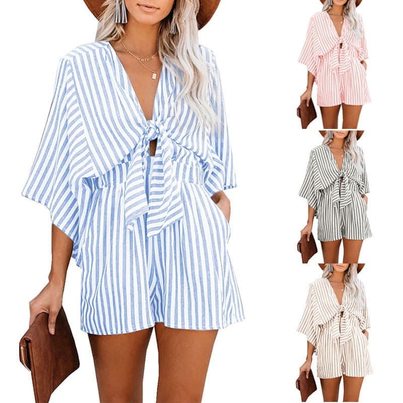 2025 Amazon Summer High-Waisted Slimming Striped Jumpsuit for Women, European and American Export Deep V Flared Sleeve Three-Quarter Pants