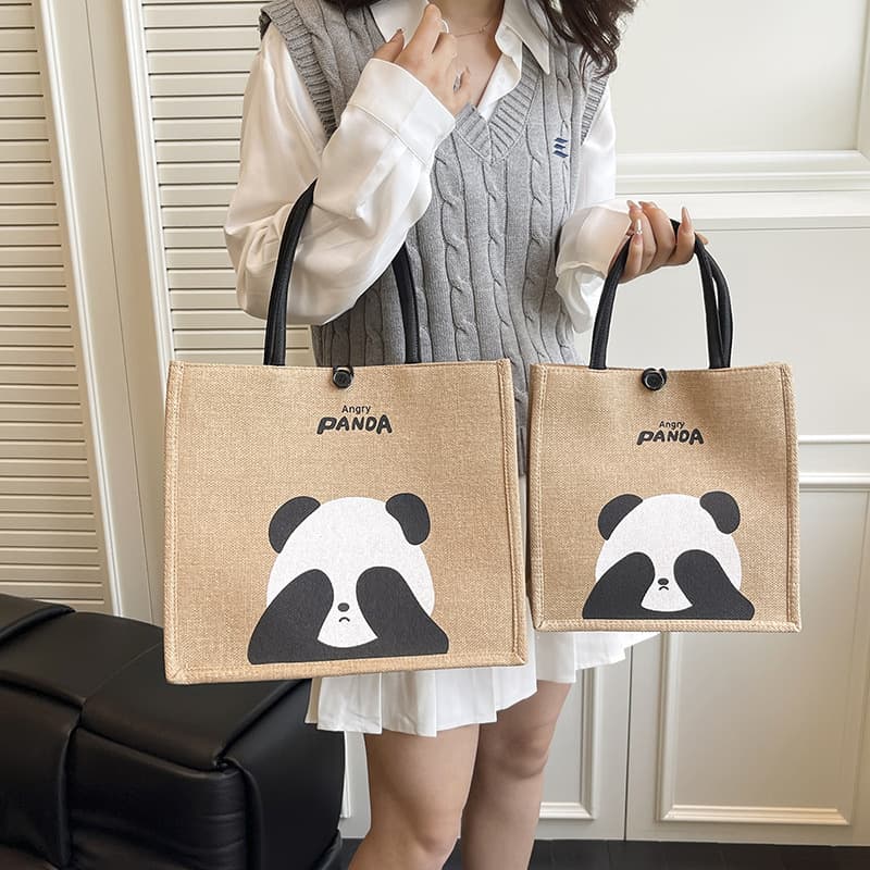 New Portable Tote Bag Linen Tote Bag Cute Panda Retro Linen Shopping Bag Travel Bag Shoulder Bag