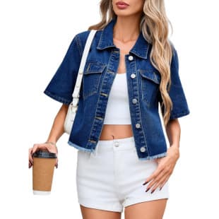 European Women's Short Sleeve Denim Jacket 2026 Summer Frayed Hem Denim Short Casual Cropped Cardigan