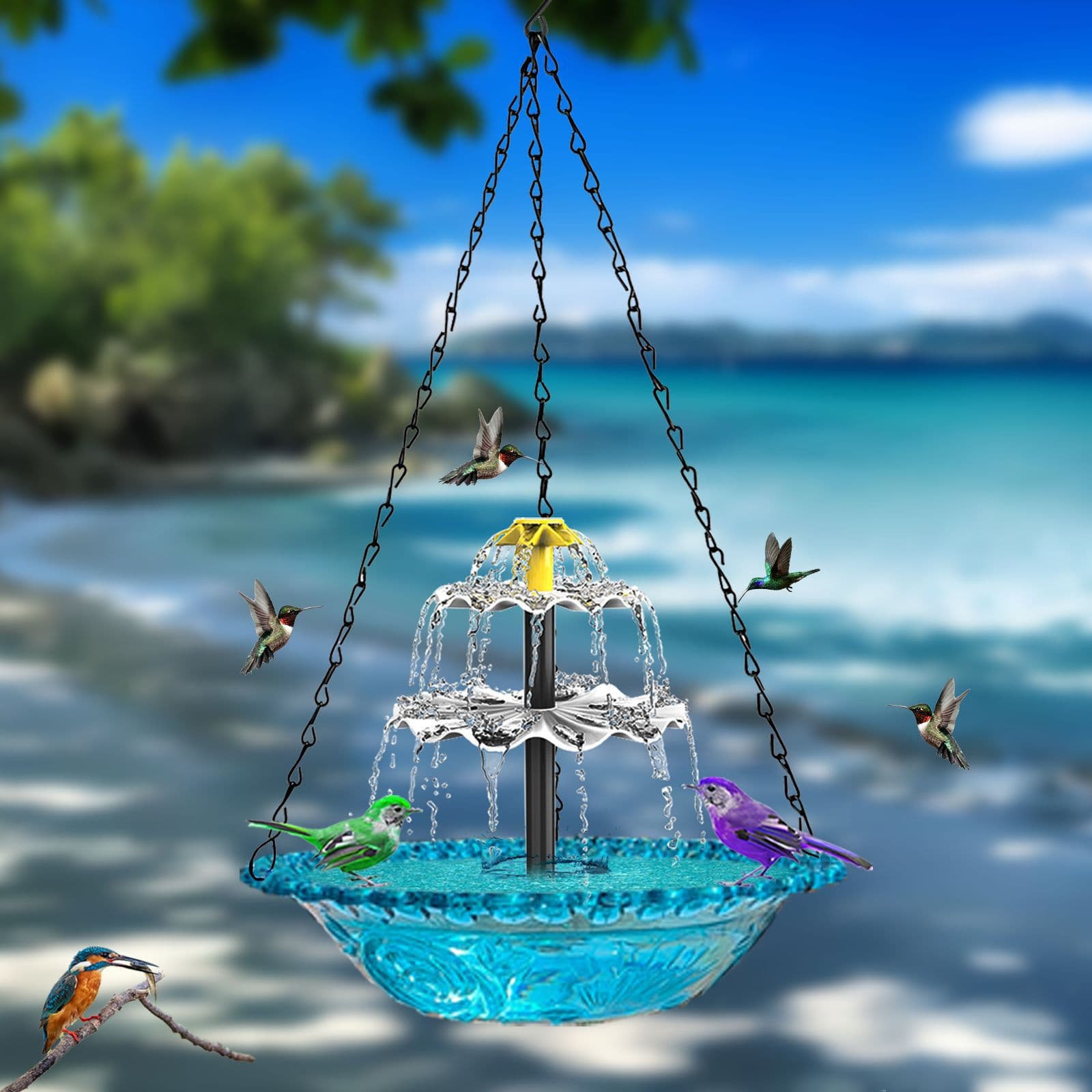 Cross-border Hot Selling Outdoor Solar Floating Bird Bath Fountain Hanging Hook Bird Feeder Bird Bath Basin Garden Hanging Decoration