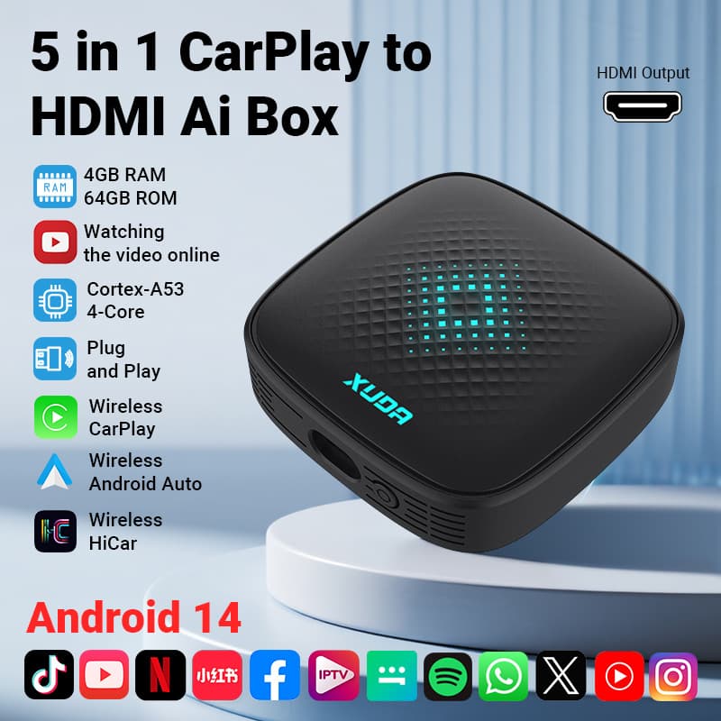 XUDA Car 5-in-1 Apple CarPlay Adapter Wired to Wireless HDMI Output Car Connectivity Box
