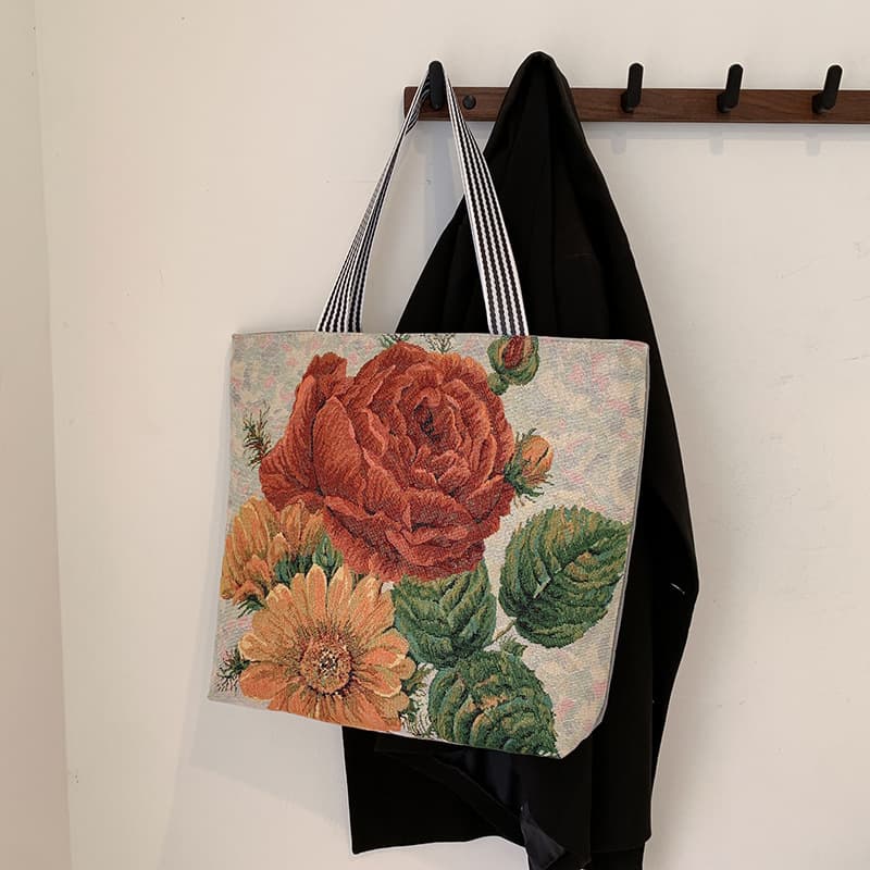 New Gold Thread Cartoon Canvas Tote Bag Casual Women's Shoulder Bag Canvas Handbag Shopping Bag