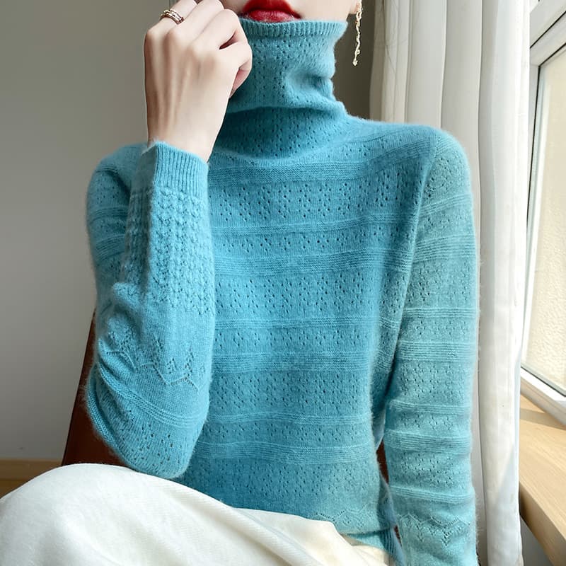 Women's New Arrival Pullover Sweater with One-Thread Hollow Knit Design, Turtleneck, Loose Fit for Autumn and Winter