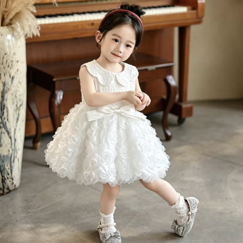 Girls White Lace Princess Dress Sleeveless Doll Collar Bow Cake Dress Birthday Gown
