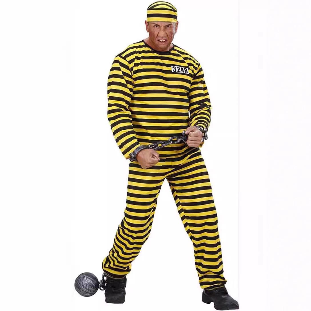 [3-Piece Set] Halloween Prisoner Costume Striped Short-Sleeve Top and Pants Unisex Loose-Fit Hat Set
