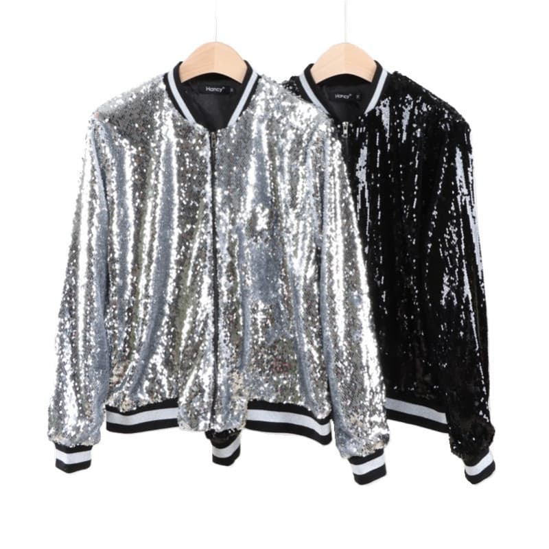 Wholesale European and American Street Style Women's Casual Zip-Up Jacket with Sequins and Contrast Ribbed Baseball Jacket