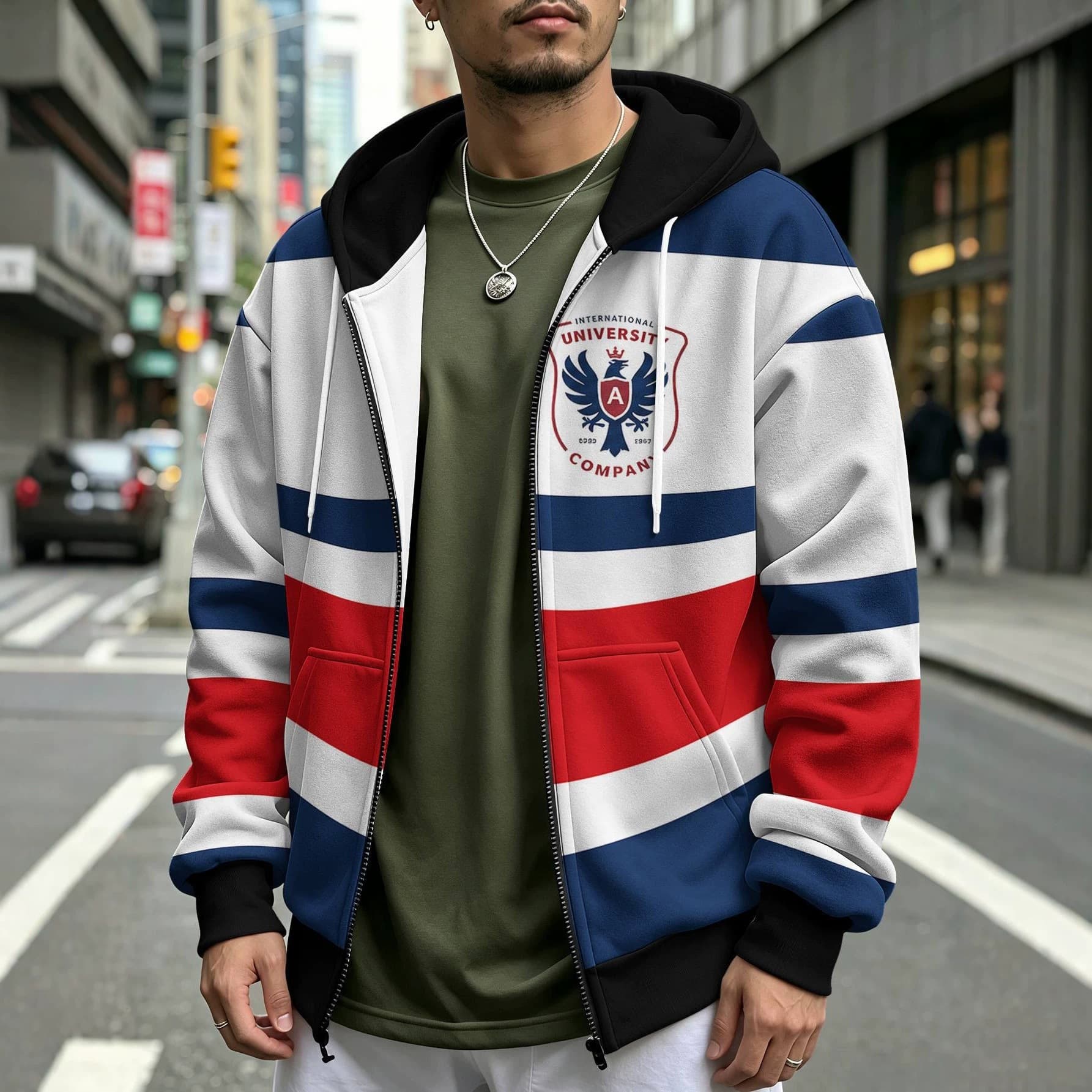 Minimalist trendy men's printed cool hooded sweatshirt functional sports large size zipper cardigan top for men