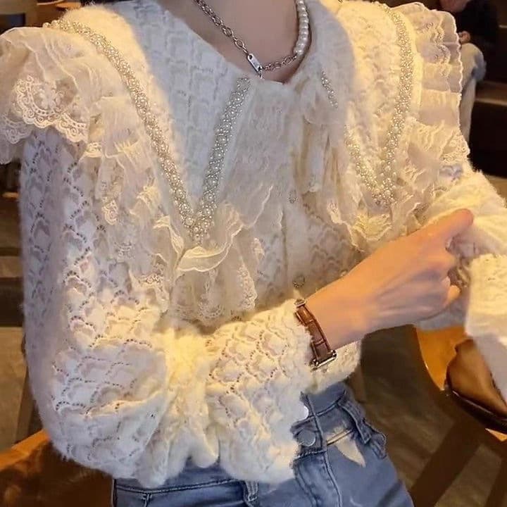 2025 French New Style Sweet Fashion Crochet Hollow Lace Camisole Doll Collar Autumn and Winter Top