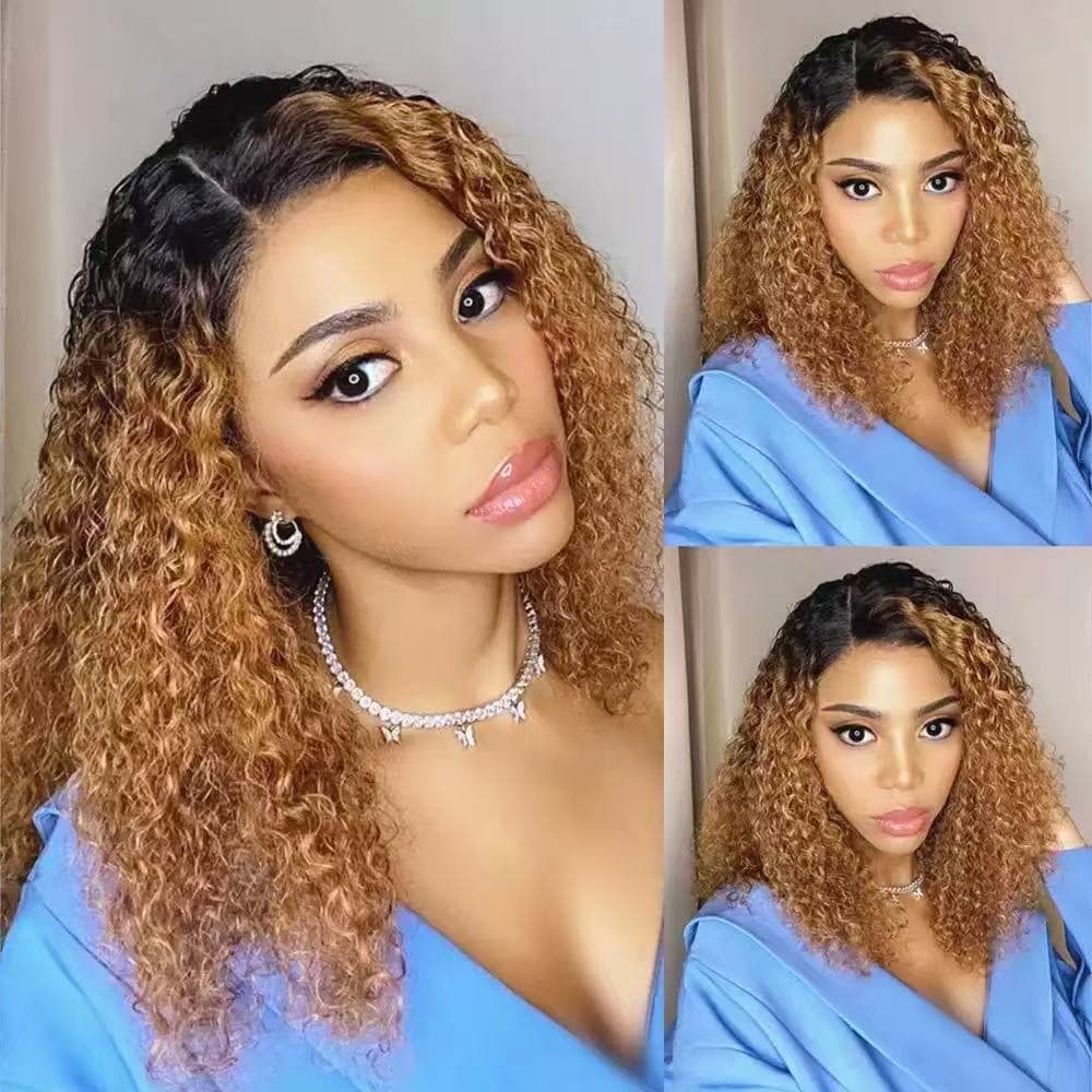 European and American Wigs for Women with Medium-Length Curly Hair, African Small Curls, Black Brown Gradient, Medium Parted Short Curly Hair, Chemical Fiber Rose Mesh Headgear
