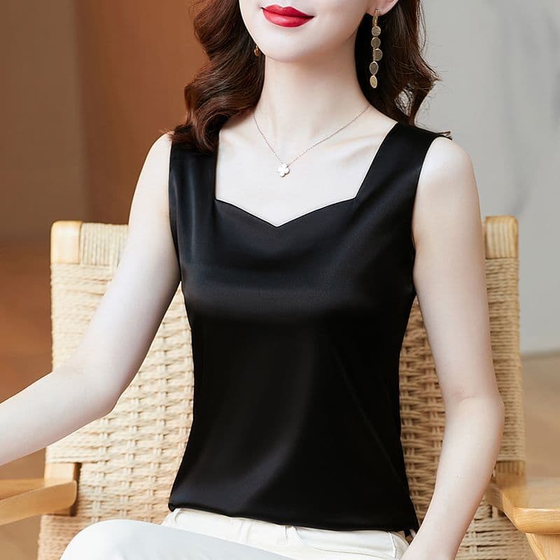 Satin Collar Camisole Top Women's Summer Plus Size Belly-Hiding Sleeveless Vest Blazer Inner Wear Stylish Top