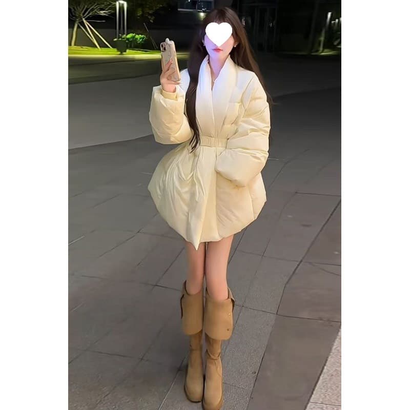 Internet Celebrity Same Style Autumn/Winter New Belted Waist Slimming V-Neck Cotton Jacket + High-Waist Slimming Pleated Skirt Two-Piece Set