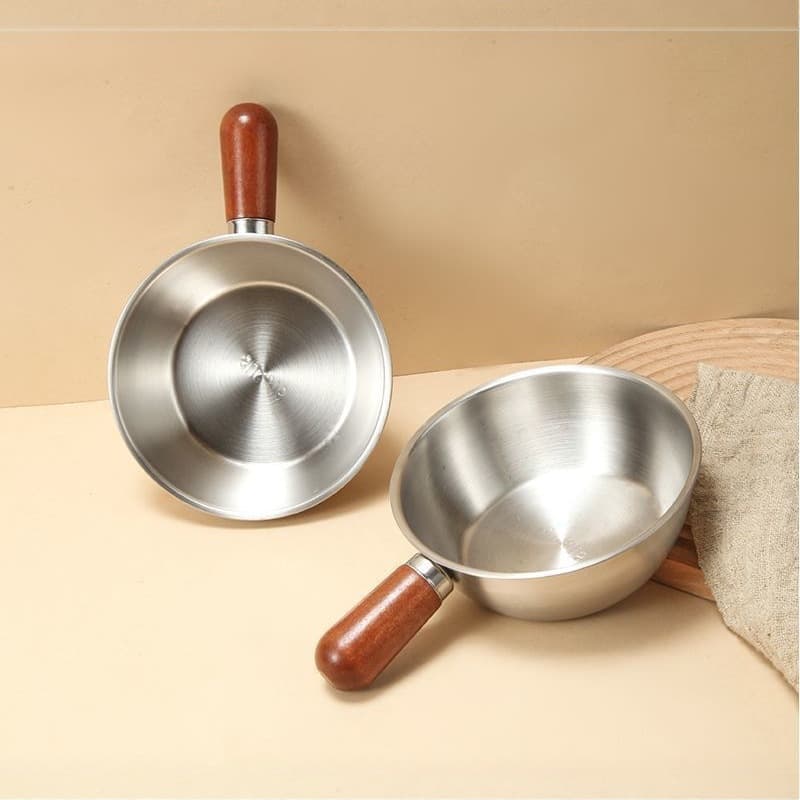 Cross-Border Stainless Steel Small Milk Pot, Walnut Handle, Single Serving Pot, Instant Noodle Pot, Salad Mixing and Egg Beating Bowl, Hot Oil Pot