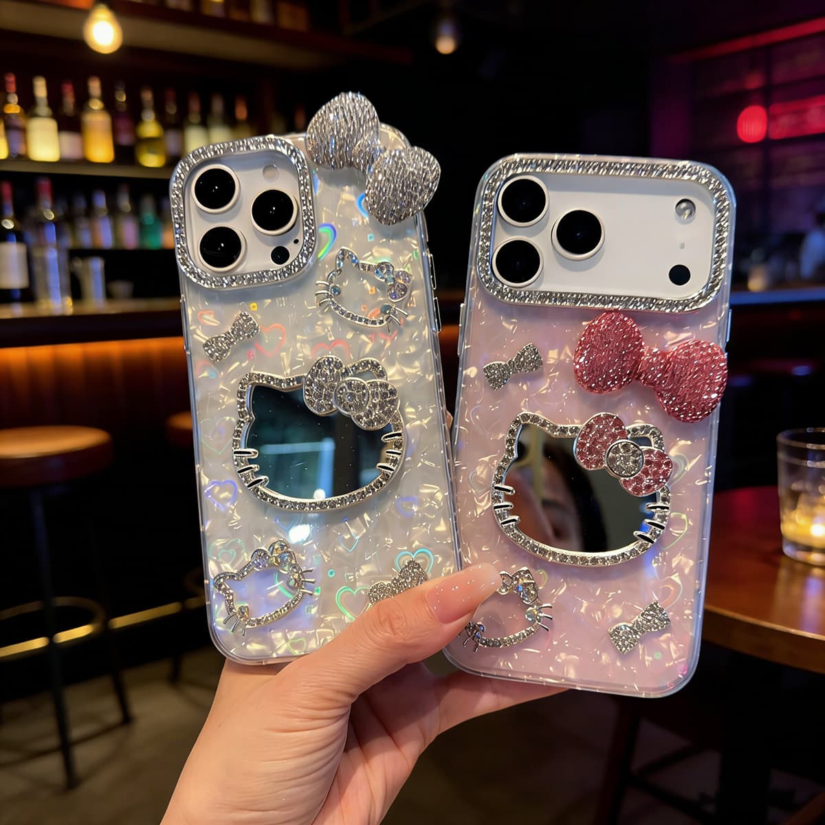Fine Hole Shell Pattern Kt Mirror Bowknot Suitable for Apple 17 Pro Max Phone Case iPhone 15/12/14 New