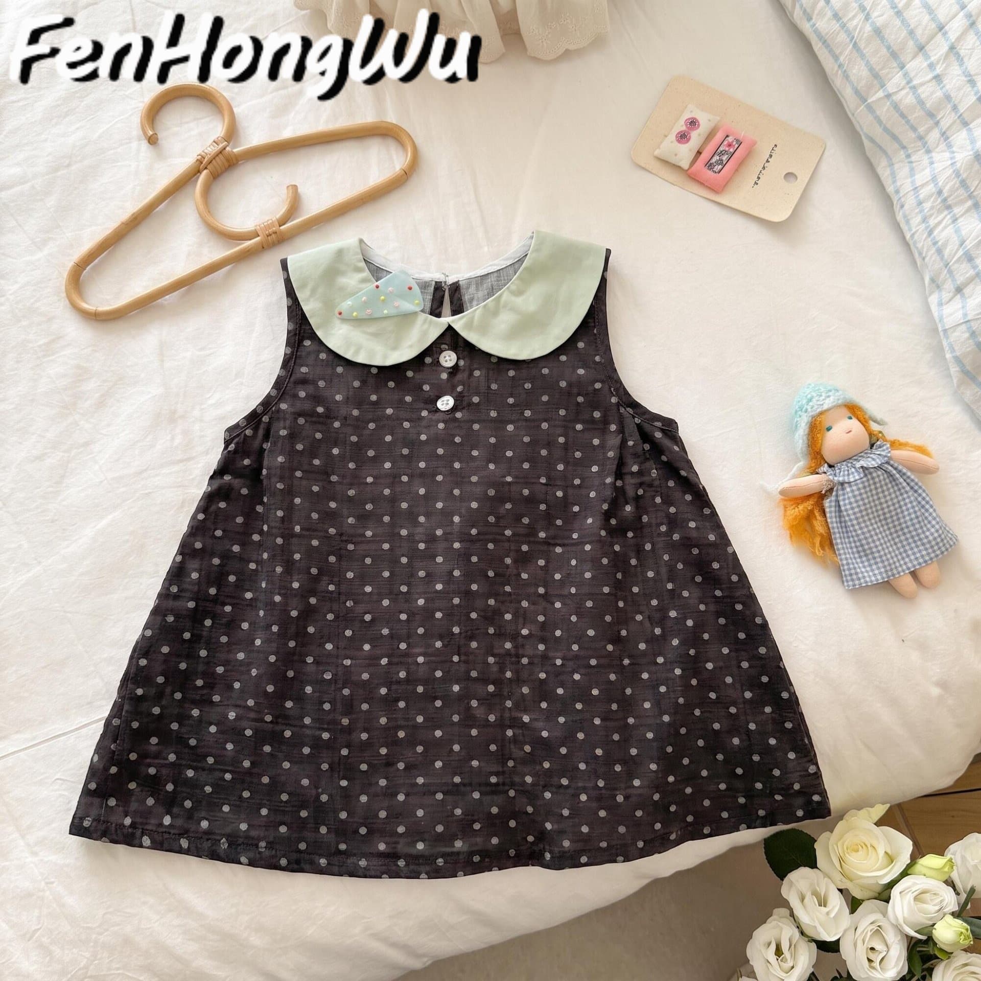 FHW Girls Summer Retro Polka Dot Vest Dress Baby New Turn-down Collar Dress Cotton A-line Skirt