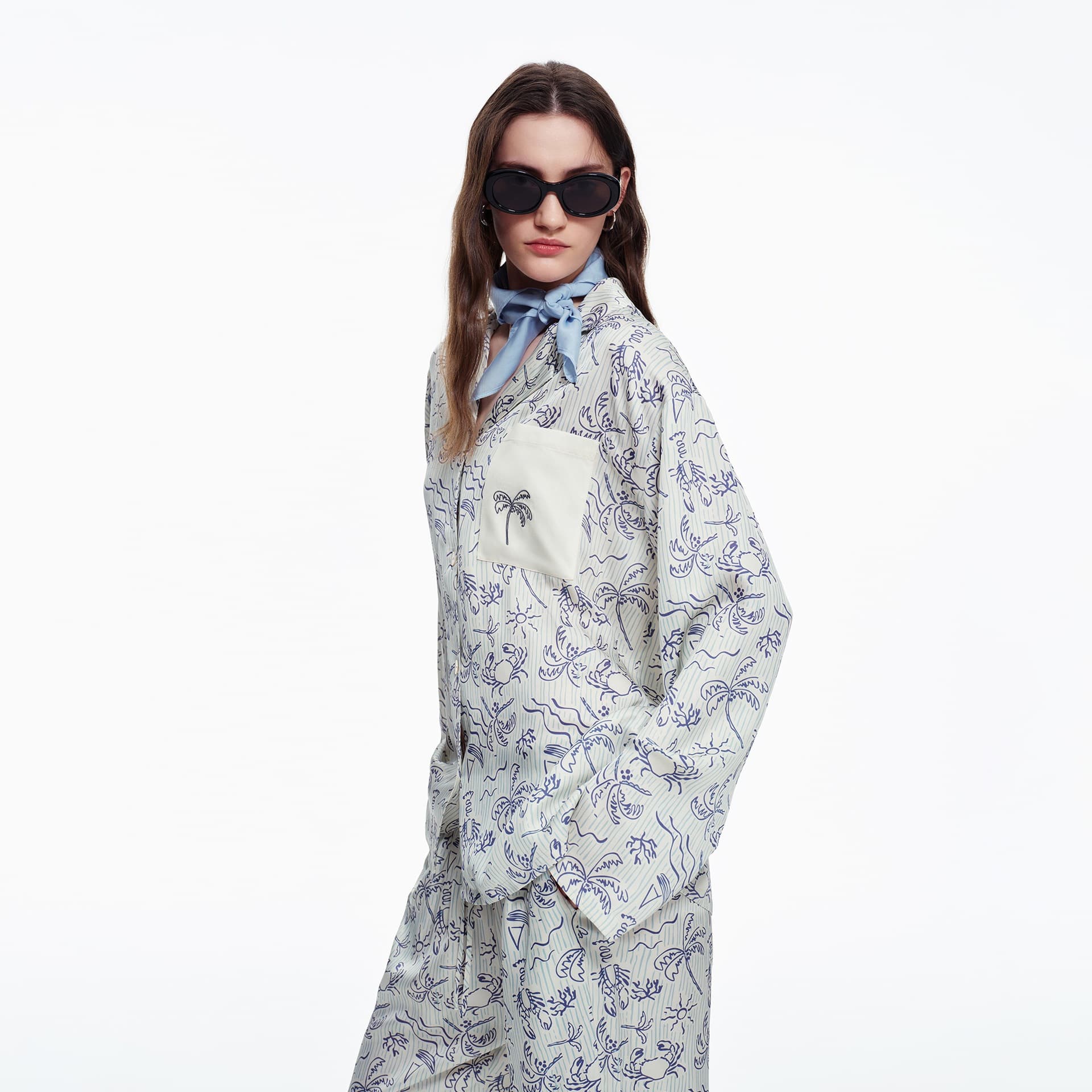 Amazon Custom Spring Print Embroidery Long Sleeve Pajama Set with Pockets Cooling Fashion Loungewear for Women