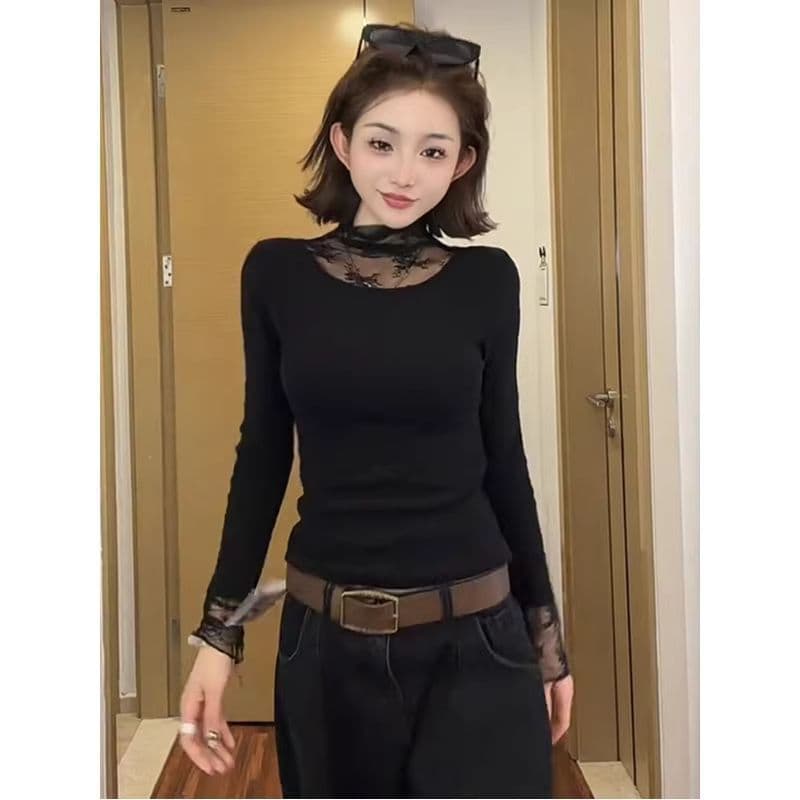 Lace Patchwork New Long Sleeve T-Shirt for Women 2026 Autumn/Winter New Arrival Slimming Stunningly Beautiful Base Layer Top Fashion