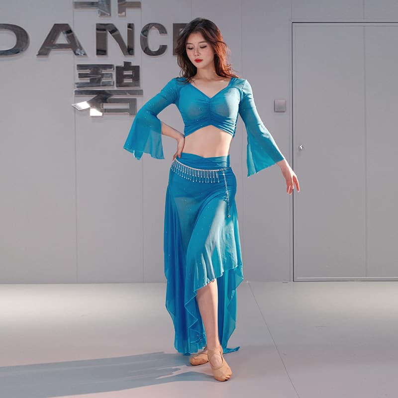 New Belly Dance Practice Outfit Set - Sexy Mesh Oriental Dance Costume - Flowy Long Skirt with Ruffles (2025)