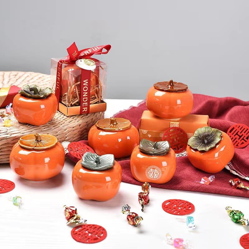 Ceramic "Everything Goes Well" Sealed Tea Canister Wedding Candy Box, Auspicious Gift Set for Marriage Celebration Persimmon Present