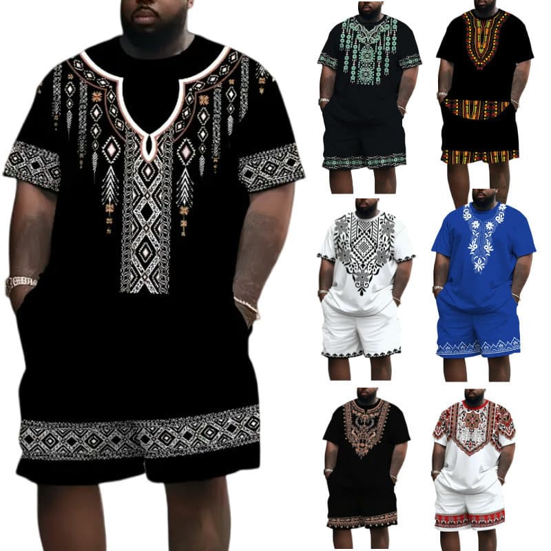 Cross-border European and American Temu T-shirt shorts suit 3D digital printing retro ethnic style loose casual beach suit