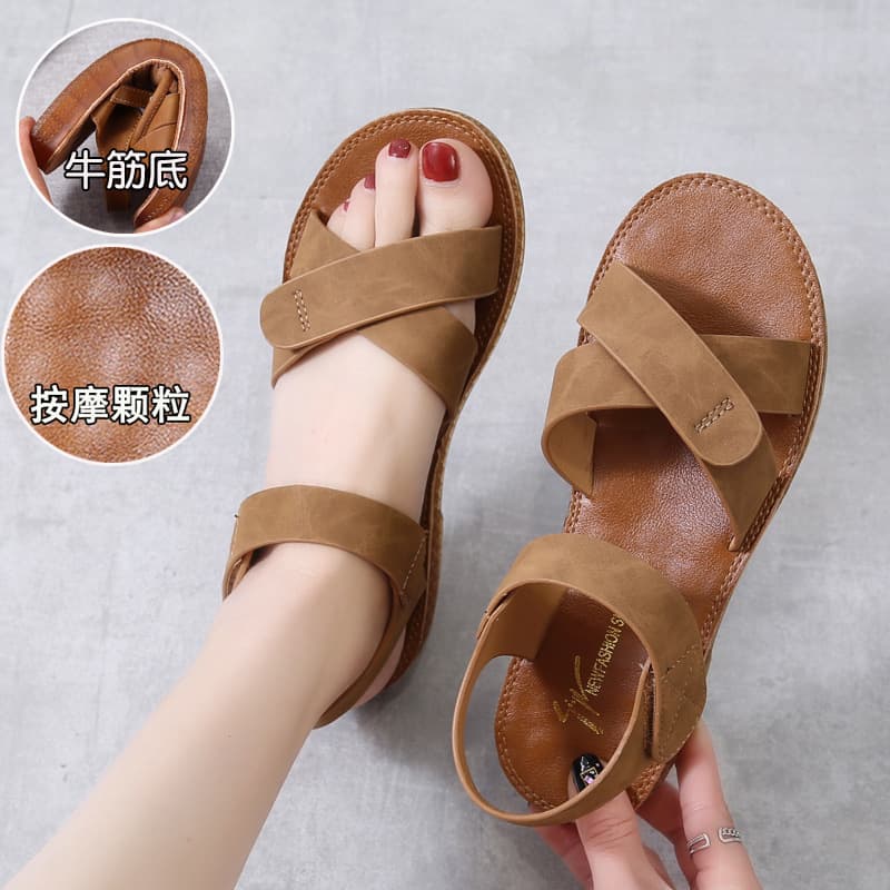 Cowhide Sole Sandals Flat Shoes 2026 Summer New Style Student Roman Sandals Beach Shoes Soft Sole One-Strap Women's Shoes