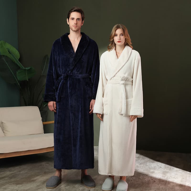 Men's and Women's Thickened Long Warm Coral Fleece Pajamas and Double-Sided Fleece-Lined Winter Flannel Bathrobe