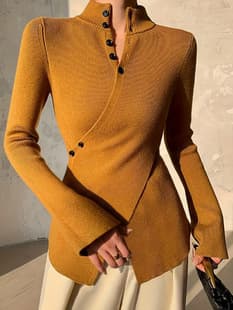 Europe and America Cross-border Women's New Sweet Hot Knitwear Stand Collar Cross Button Fall/Winter Slimming Solid Color Chic Top Women