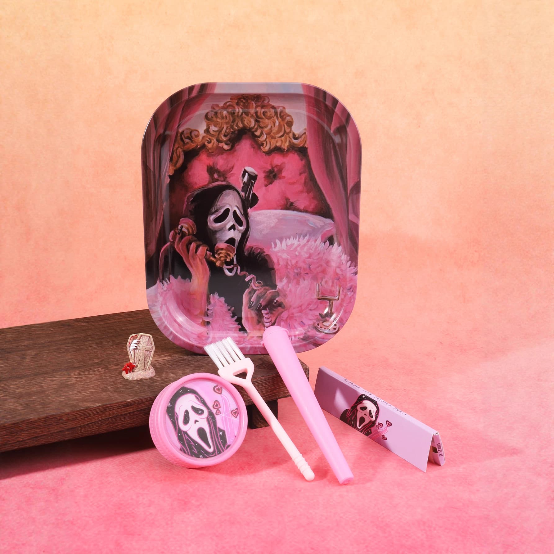 5-Piece Multi-element Rolling Tray Smoking Set, Multiple Colors Available, Plastic Grinder, Pink Cone