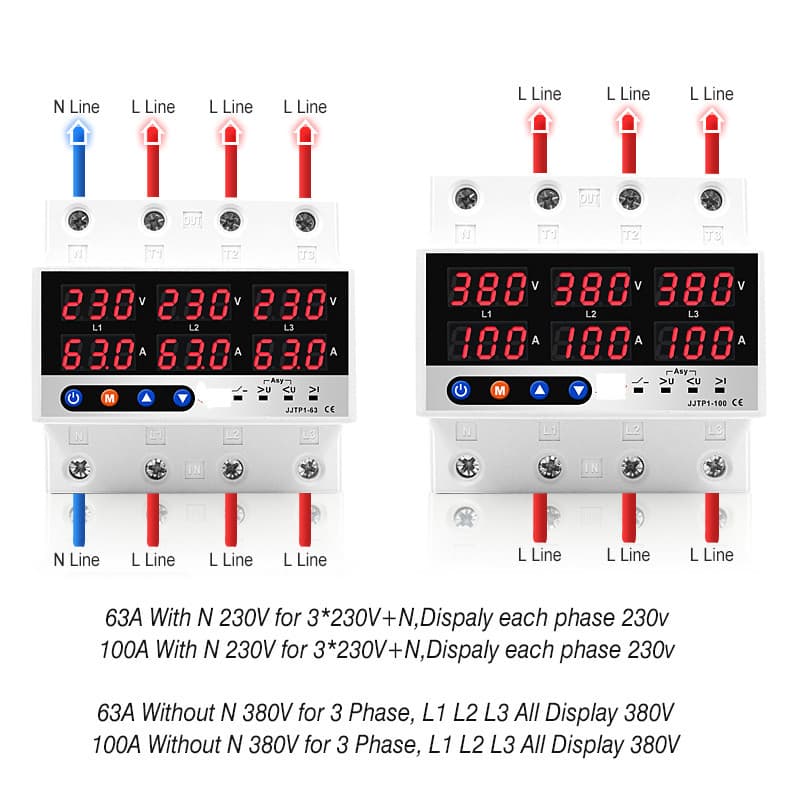 Three-Phase Four-Wire Over/Under Voltage Protector 63A/100A Current Limiter AC380V
