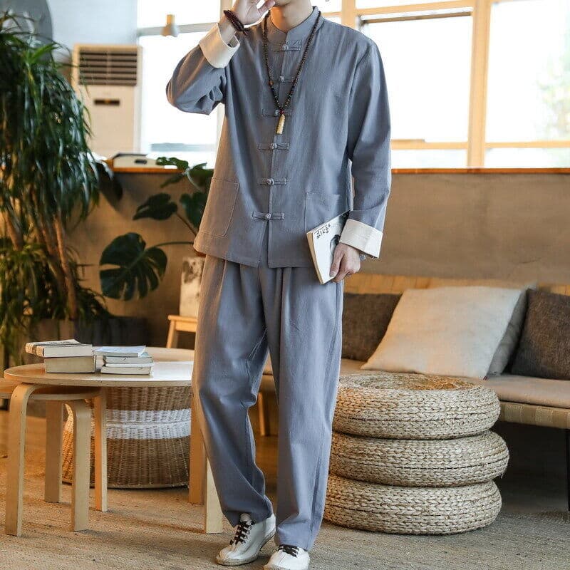 Spring Summer Chinese Style Retro Frog Button Shirt Jacket Set Men's Tang Suit Hanfu Lay Buddhist Attire Tai Chi Suit Cotton Linen Set