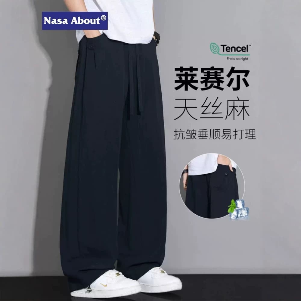 NASA ABOUT Lyocell Tencel Linen Pants for Men Summer Thin Loose Straight Leg Ice Silk Drape Casual Pants