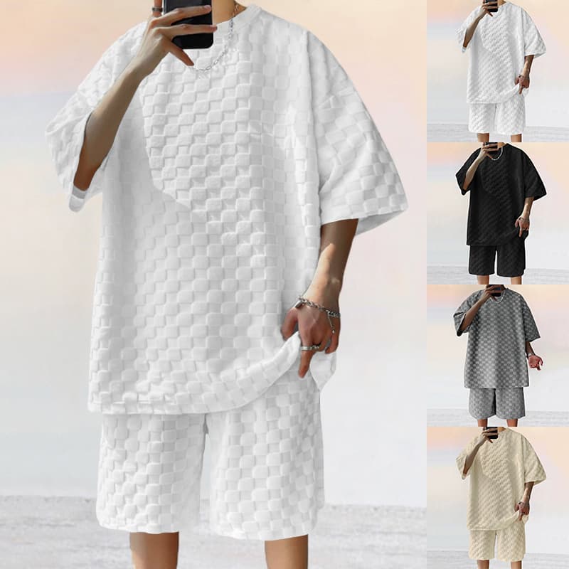 2025 Cross-border American Style Oversize Trendy Men's Checkerboard Spring Summer Loose Sport Casual Two-Piece Set