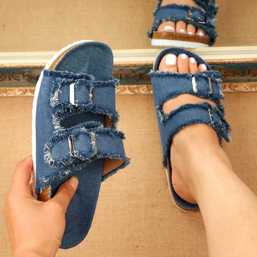 European and American fashion new summer flat women's slippers belt buckle casual solid color canvas tassel slip-ons large size women's shoes