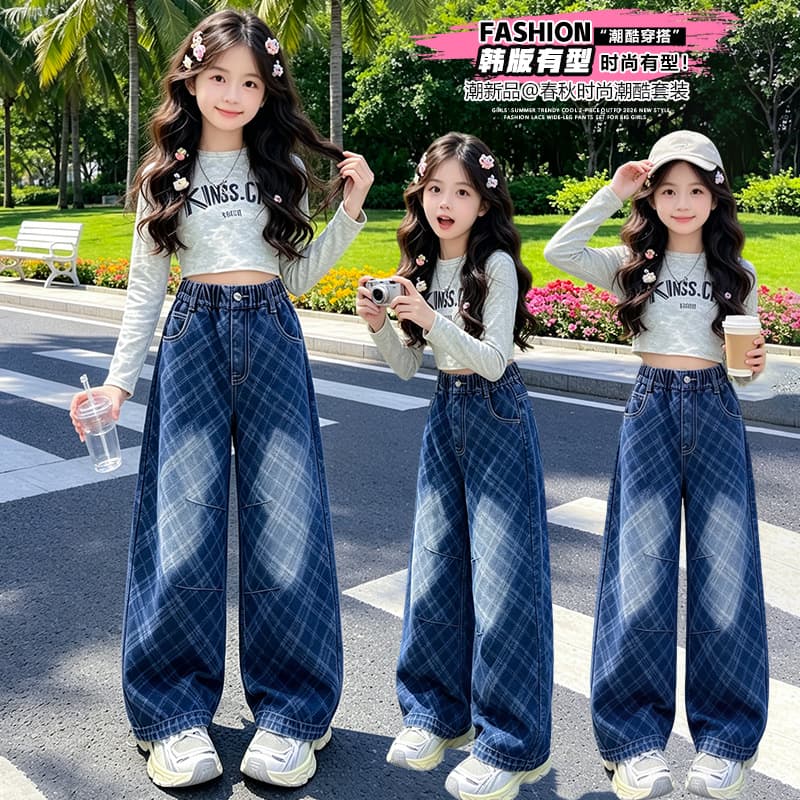Girls' Fall Set 2026 Autumn Short Top and Jeans for Older Kids, Jazz-Inspired Trendy Style