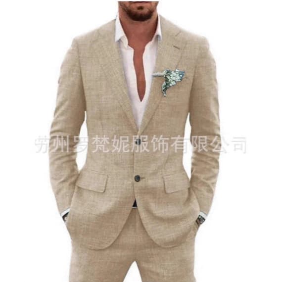 New Cross-Border Men's Linen Suit Business Casual Set Wedding Groom Tuxedo Banquet Beach