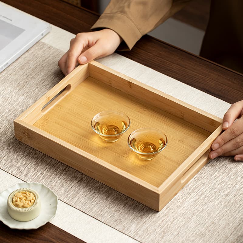 Japanese Bamboo Rectangular Tray with Handle Serving Platter for Restaurant, Hotel, Commercial Use, Placemat, Cup Tray, BBQ Bamboo Wooden Plate